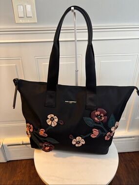 Karl Lagerfeld Black Nylon Tote with Pink and Green Floral Appliqués